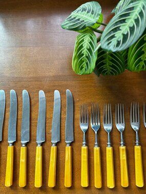 Vintage Bakelite Flatware Set Butterscotch Yellow Handles Baker Stainless MCM